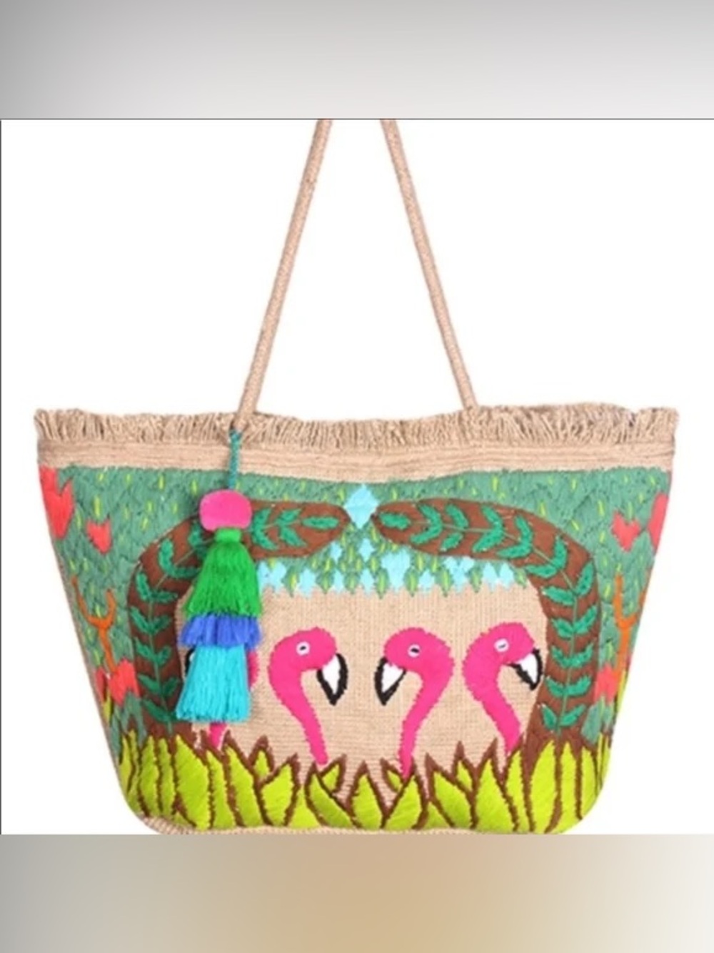 America & Beyond Boho Flamingo Tassel Fringe Large Travel Beach Jute Tote Bag